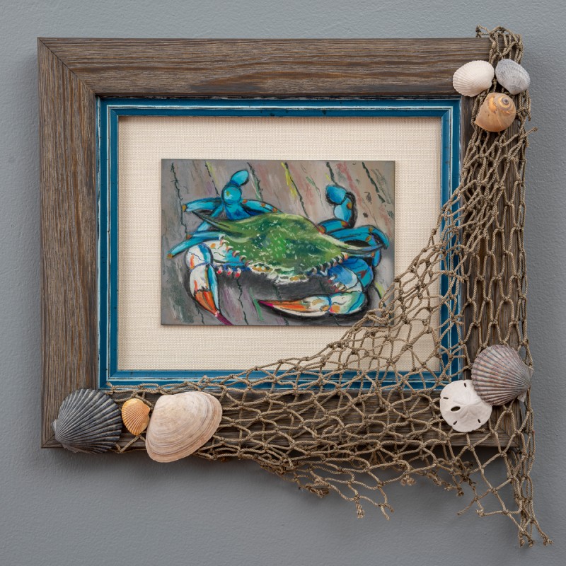 Image of Crab Pastel Painting in a Picture Frame with a Net and Shells