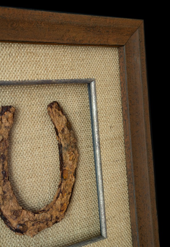 Detail view of horseshoe in picture frame