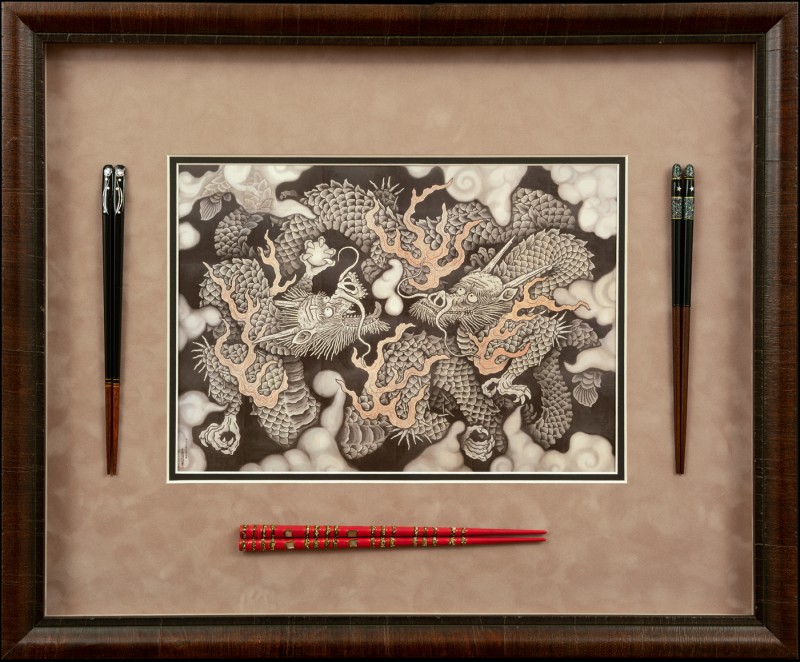Image of Chopsticks & Japanese Print in a Wood Picture Frame