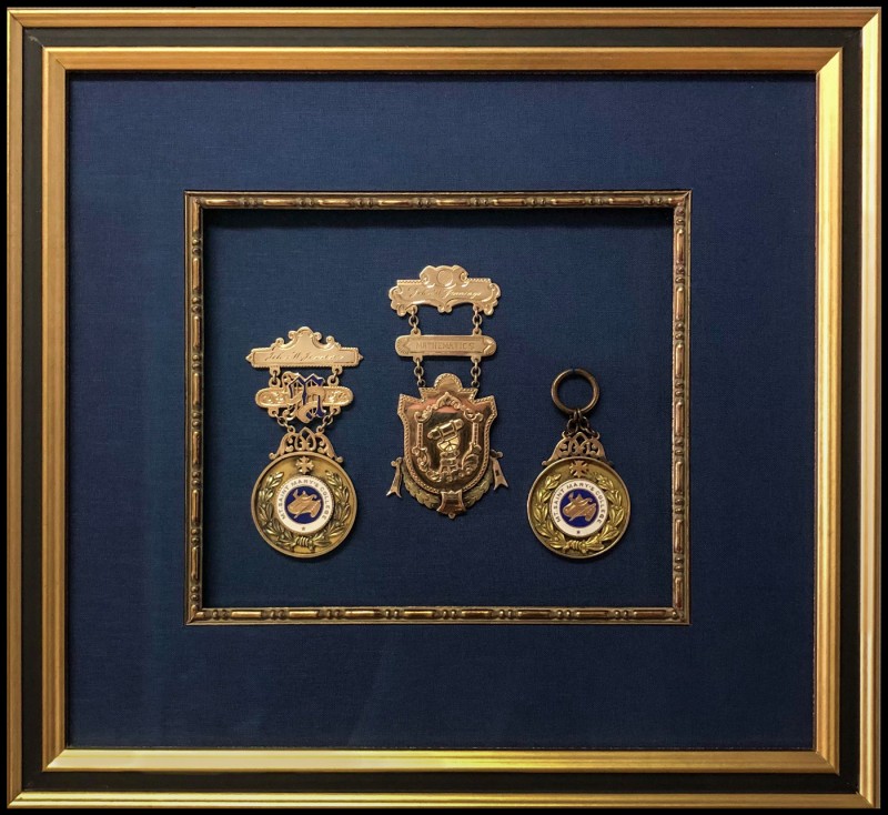 Front view of academic medals in a picture frame